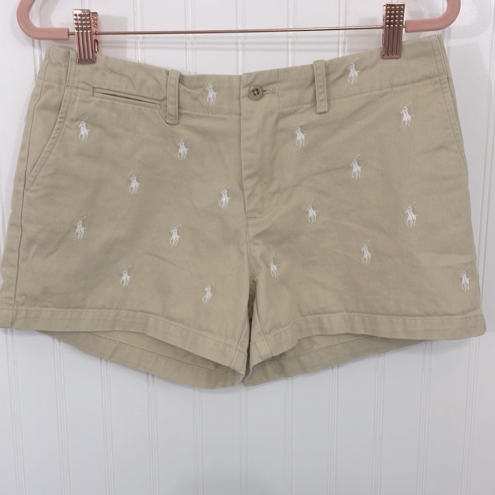 Ralph Lauren Sport Khaki Chino 100% Cotton Logo Shortie Shorts 3" Inseam Size 4